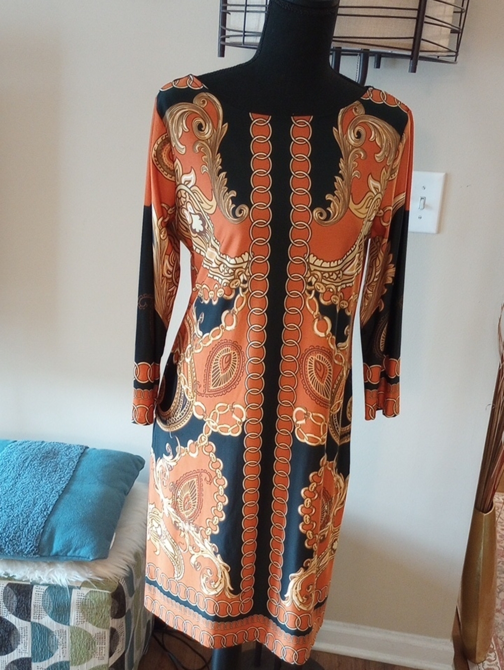 Haani Black and Orange Baroque-Print Long Sleeve Dress
